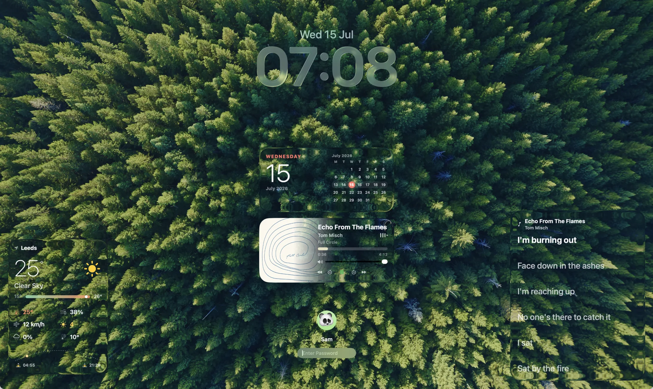 WidgetScreen weather, calendar, clock, Now Playing and lyrics widgets arranged across a forest Mac lock screen