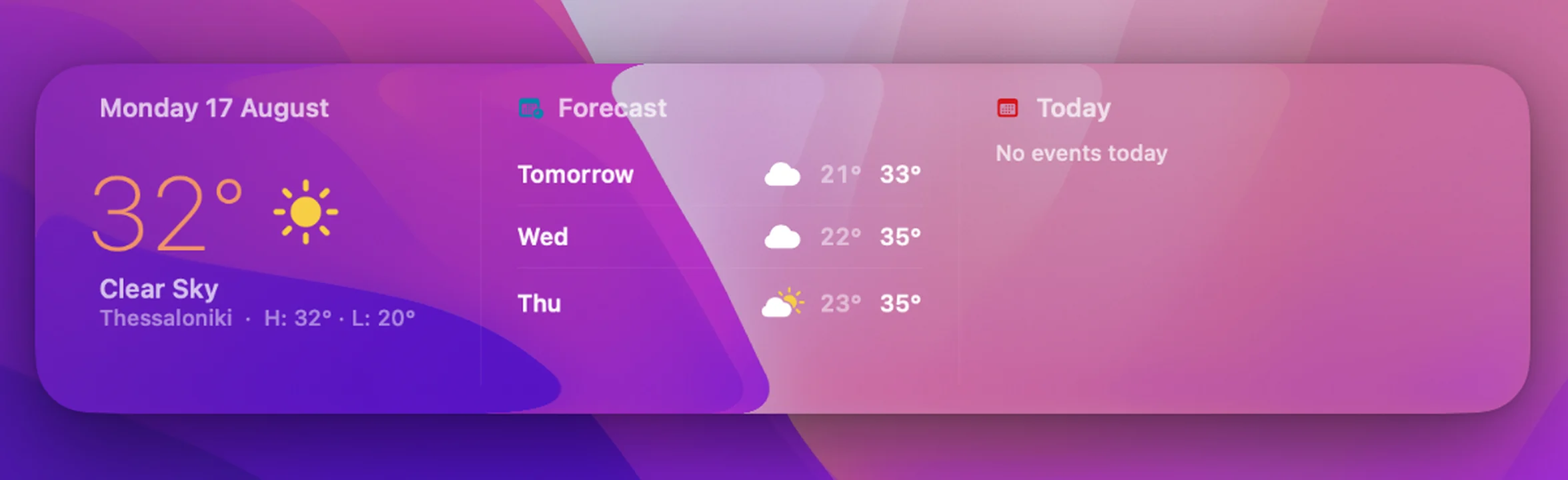 The Daily Brief widget showing the weather beside a three day forecast and the day’s agenda on a Mac lock screen