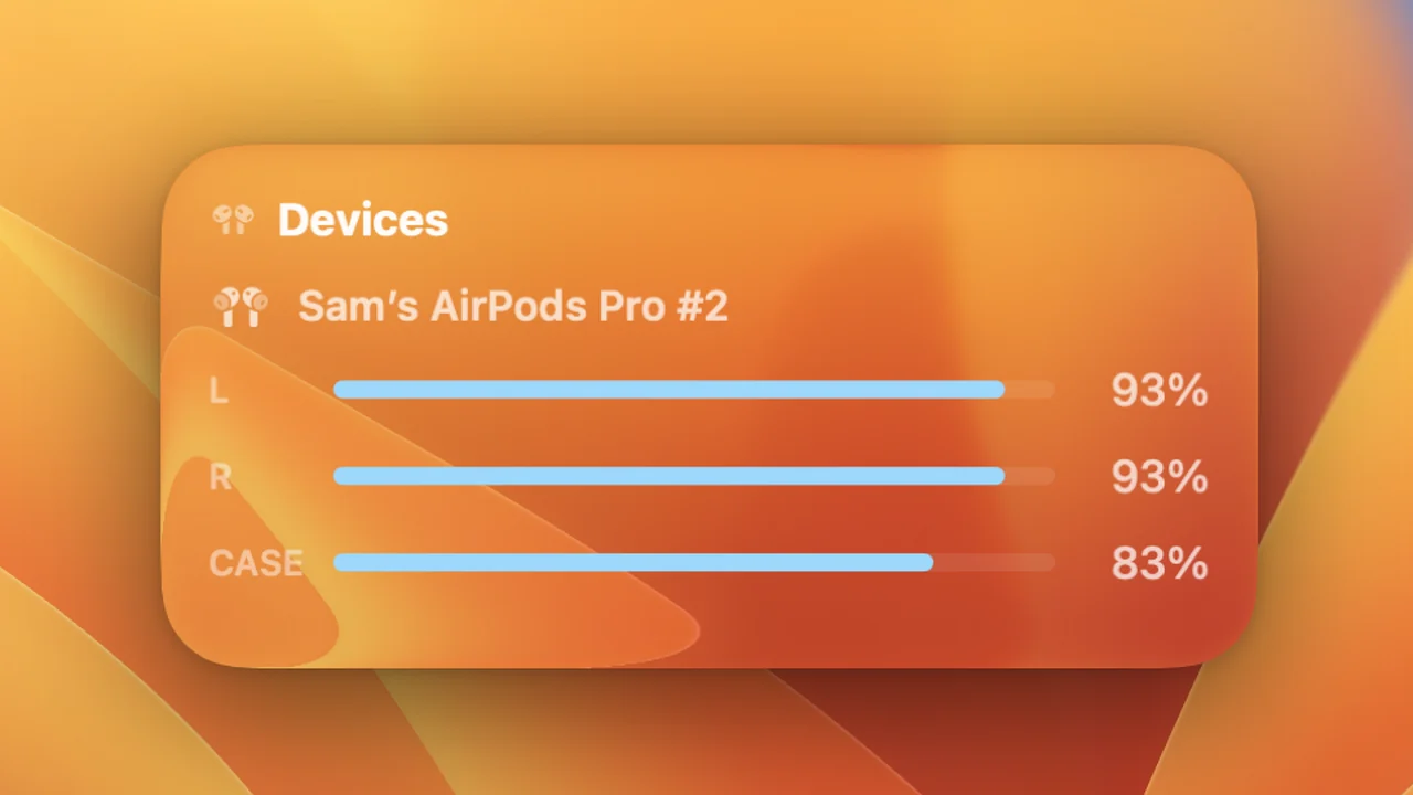The Devices widget showing left, right and case battery levels for a pair of AirPods Pro