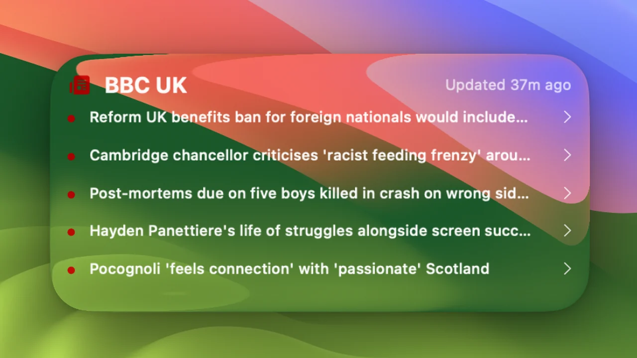 The News widget showing five BBC UK headlines on a Mac lock screen