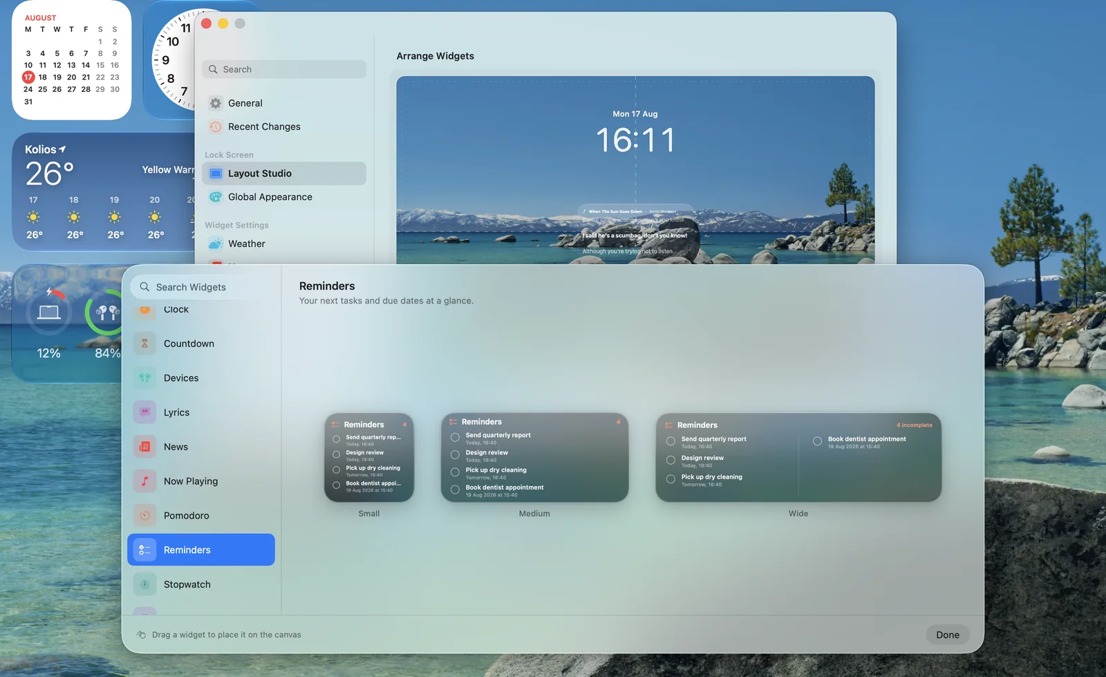 The Add Widget browser in WidgetScreen showing the Reminders widget in Small, Medium and Wide sizes