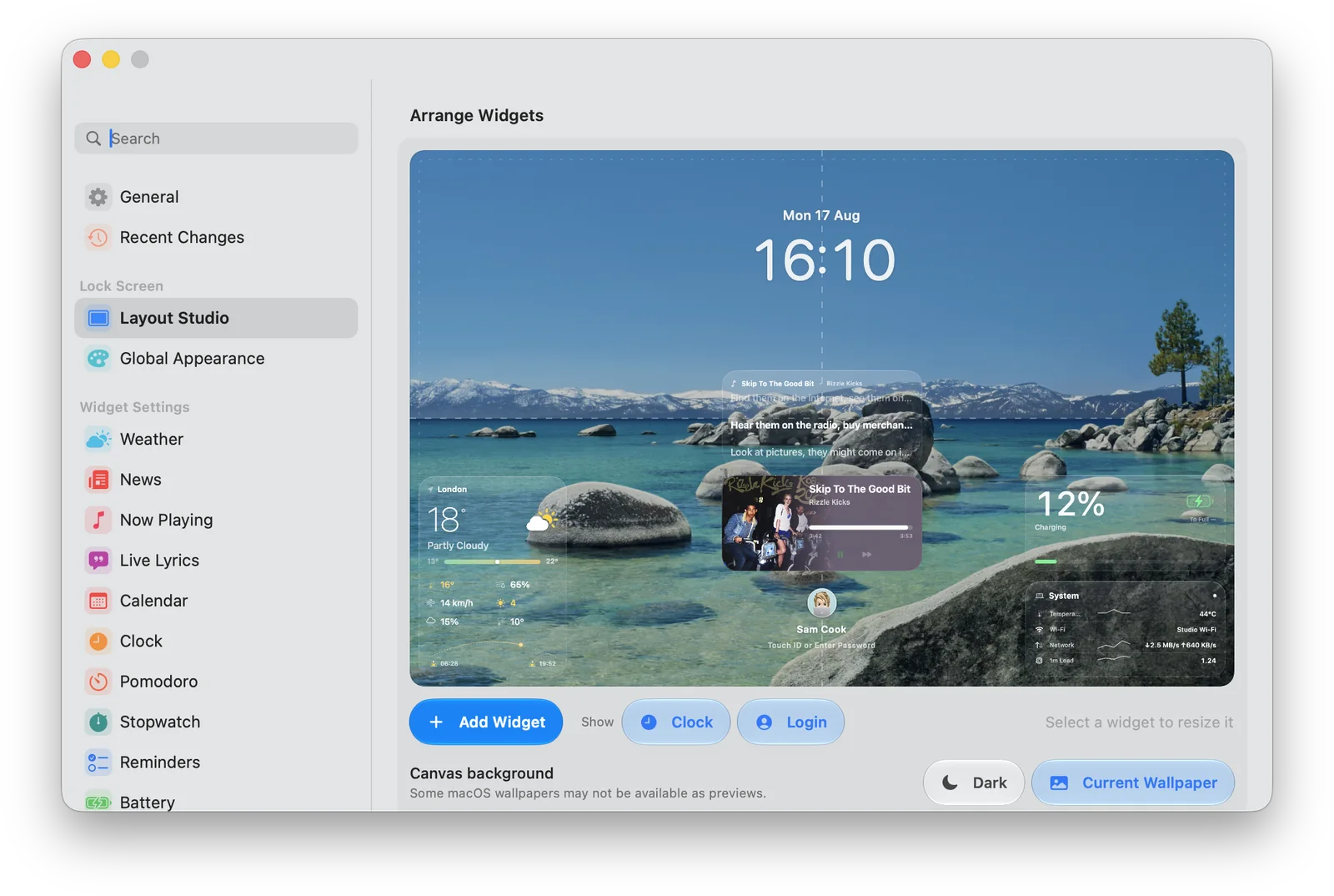 WidgetScreen Layout Studio showing widgets arranged on a live preview of a Mac lock screen, with a sidebar of widget settings