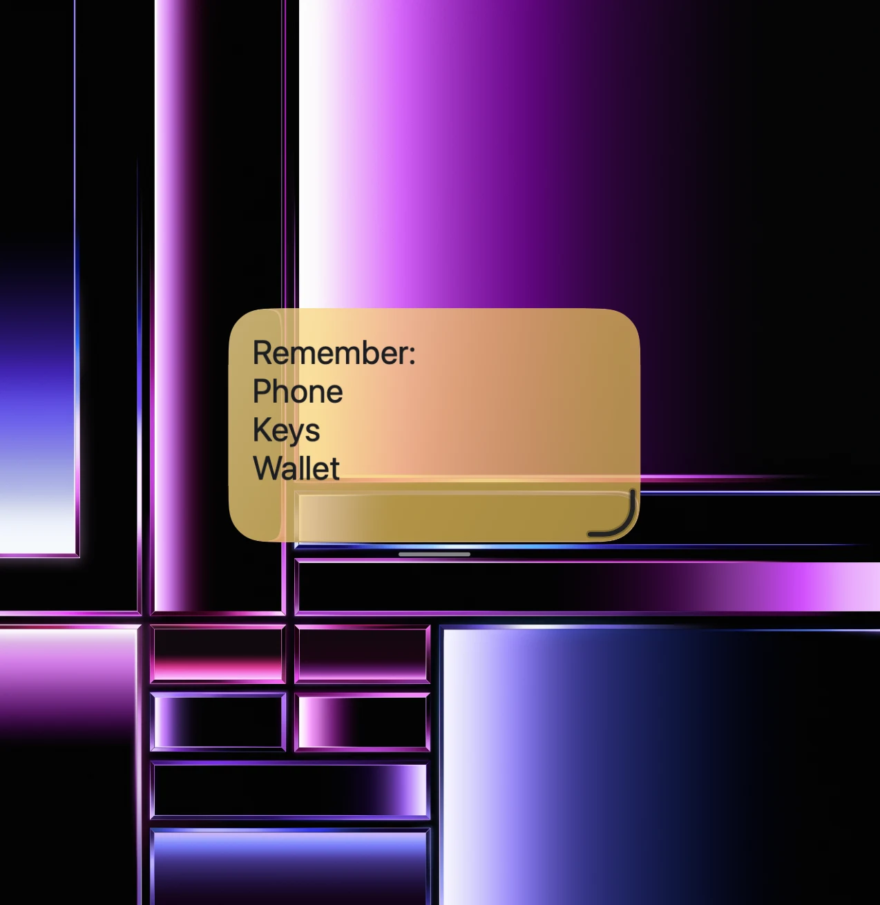 Yellow Sticky Note on a Mac lock screen reading Remember: Phone, Keys, Wallet