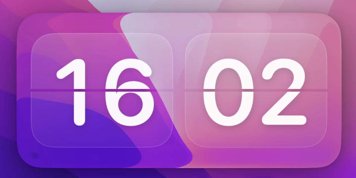 Flip clock widget showing 16:02 in split tiles on a Mac lock screen