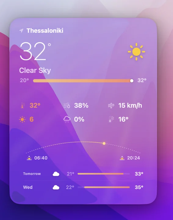 Large weather widget with current conditions, details and a multi-day forecast