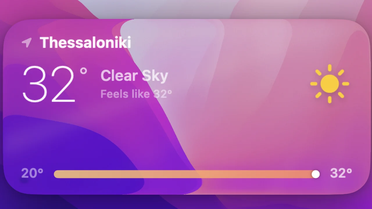 Medium weather widget showing temperature, conditions and the day’s range