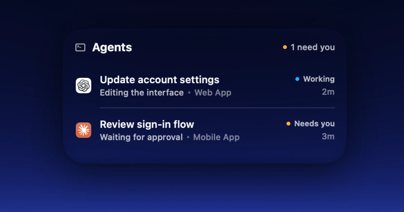 Agent Status widget showing generic Codex and Claude tasks, including one waiting for approval