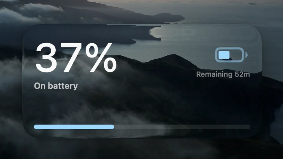 Battery widget showing 37 per cent charge and time remaining on a Mac lock screen