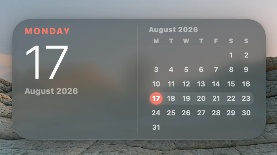 Calendar widget showing today’s date beside a full month grid on a Mac lock screen
