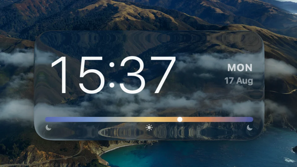Clock widget showing the time, day and a sunrise to sunset bar on a Mac lock screen