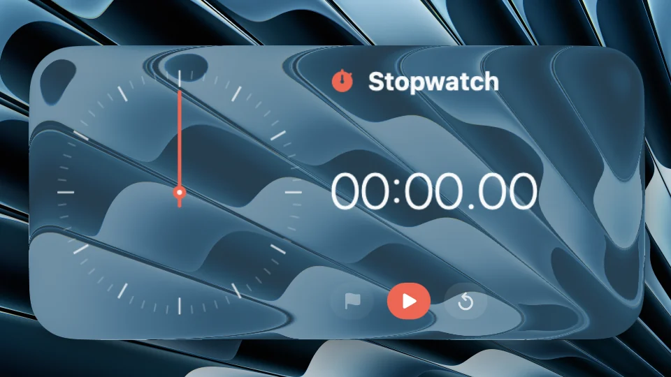 Stopwatch widget with a sweep dial and lap controls on a Mac lock screen