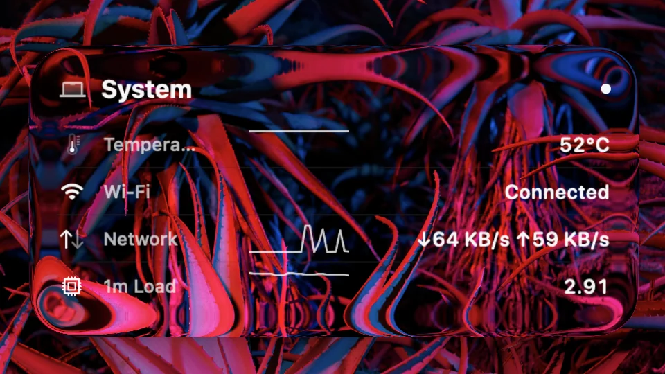 System widget showing CPU temperature, Wi-Fi status, network throughput and load average on a Mac lock screen