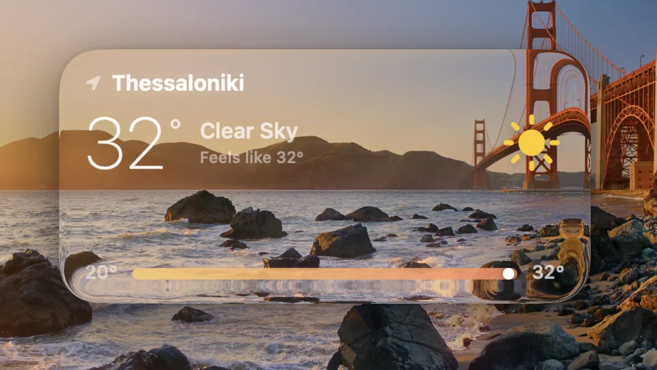 WidgetScreen weather widget showing 32 degrees and clear sky on a Mac lock screen