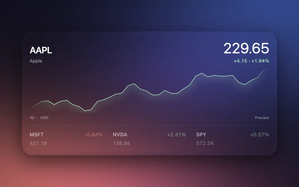 Stock Ticker widget at Large Wide size on a Mac lock screen