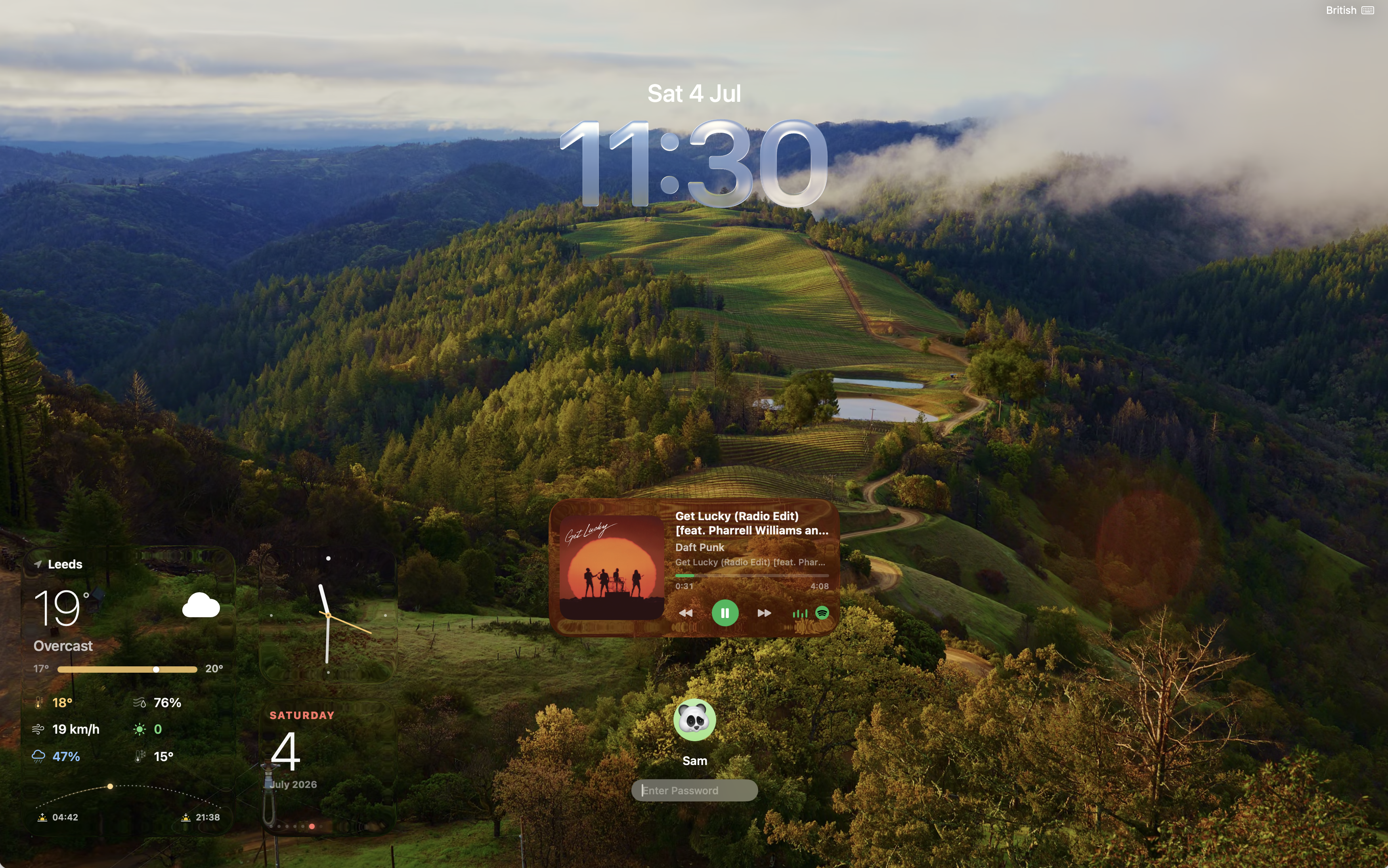 WidgetScreen weather, clock, calendar and music widgets arranged across a vineyard Mac lock screen